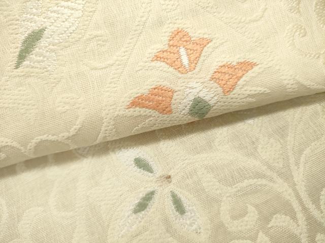 平和屋着物▽六通柄袋帯 スリーシーズン 春夏秋 風通織 花唐草文 ぜんまい紬使用 正絹 逸品 DABH1748cd