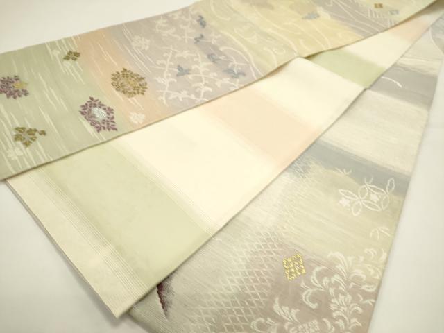 平和屋着物▽両方向 両面 全通柄袋帯 スリーシーズン 春夏秋 名物裂文 月のしらべ 金糸 正絹 逸品 DABH1751cd