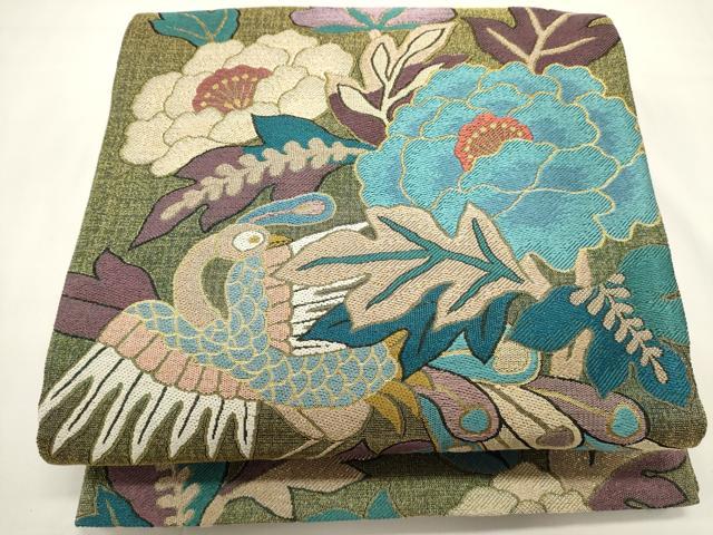平和屋着物▽六通柄袋帯 スリーシーズン 春夏秋 花鳥文 金糸 正絹 逸品 DABH1754cd