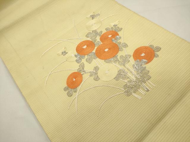 平和屋着物*夏物 九寸開き名古屋帯 総刺繍 駒刺繍 草花文 菊 銀糸 正絹 逸品 DABH1802cd