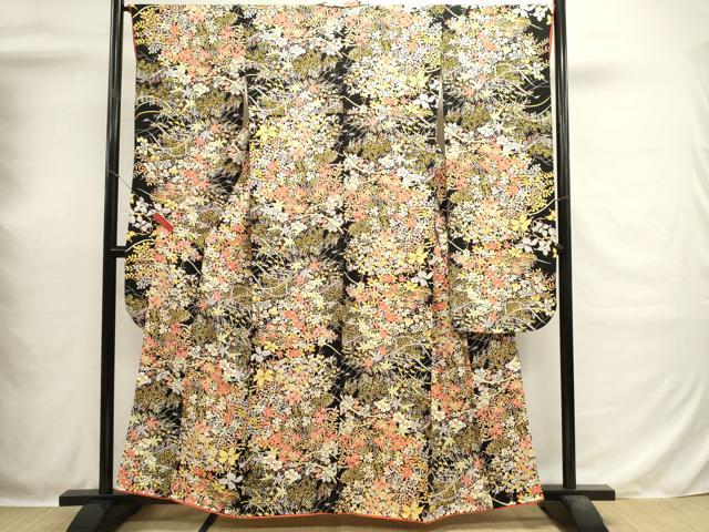 平和屋着物■豪華振袖 草花文 黒地 正絹 逸品 DABH1878cd