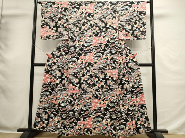 平和屋着物■上質な小紋 流水風景花文 黒地 銀彩 正絹 逸品 DABH1916cd