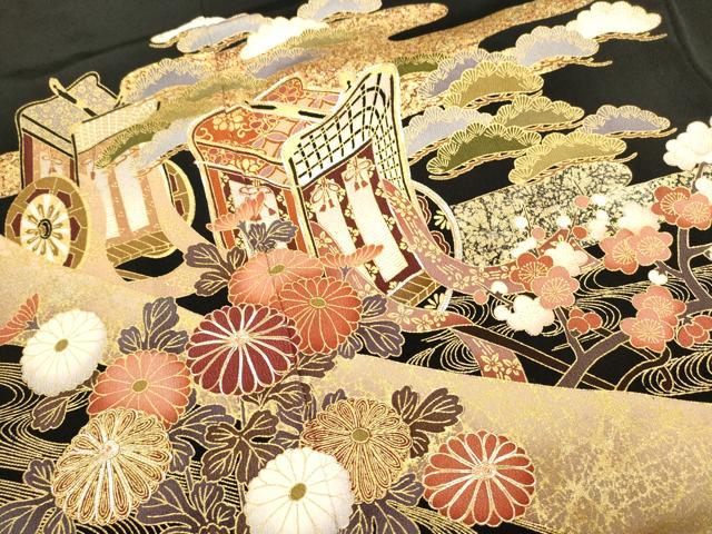 平和屋着物■豪華黒留袖 駒刺繍 御所車花文 金銀彩 正絹 逸品 DABH1918cd