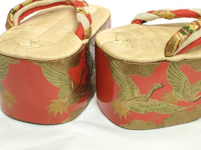 平和屋本店●和装小物 子供 ぽっくり下駄 こっぽり・おこぼ下駄 畳表 金蒔絵 群れ鶴 逸品 DABH2082zzz