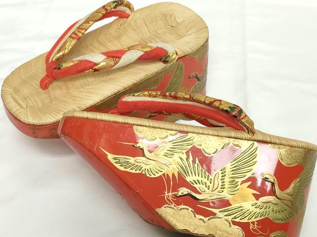 平和屋本店●和装小物 子供 ぽっくり下駄 こっぽり・おこぼ下駄 畳表 金蒔絵 群れ鶴 逸品 DABH2082zzz