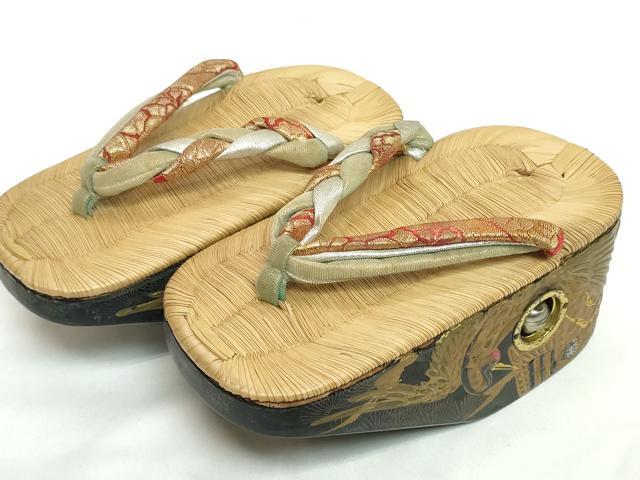 平和屋本店●和装小物 子供 ぽっくり下駄 こっぽり・おこぼ下駄 畳表 金蒔絵 御所車 鶴 逸品 DABH2084zzz