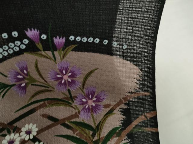 平和屋着物*夏物 浴衣 反物 着尺 花々 撫子 黒地 綿 未使用 DABH2113zzz