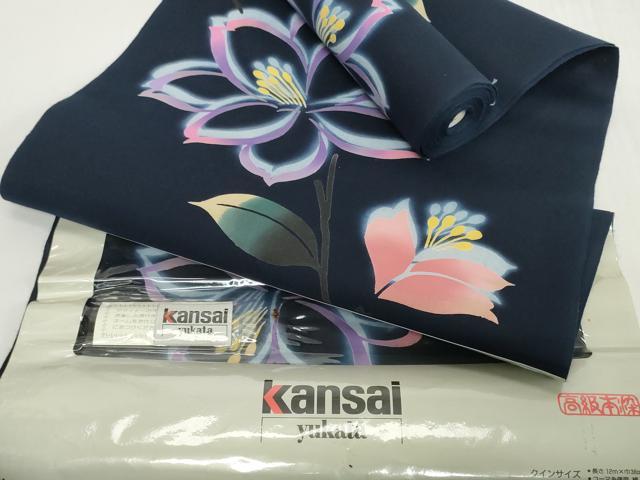 平和屋着物*夏物 世界的ファッションデザイナー 山本寛斎 kansaiブランド 浴衣 反物 着尺 草花文 紺地 綿 逸品 未使用 DABH2123zzz