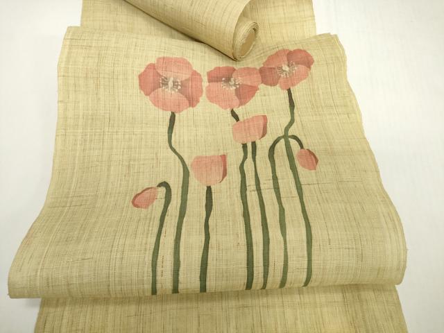 平和屋着物*夏物 名古屋帯 帯反物 ろうけつ染め 草花文 ポピー 麻 逸品 未使用 DABH2154zzz