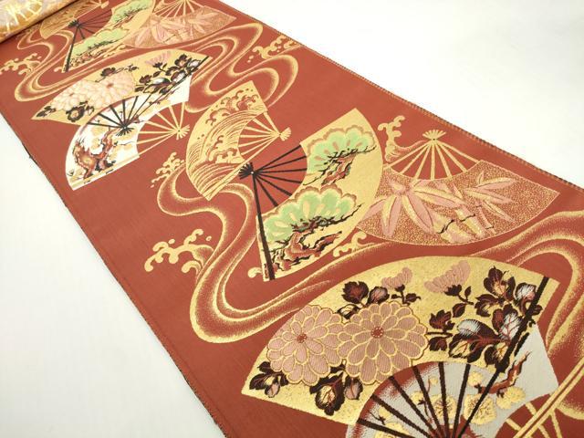 平和屋着物▼アンティーク 大正ロマン 名古屋帯 帯反物 扇面花文 金糸 逸品 未使用 DABH2155zzz