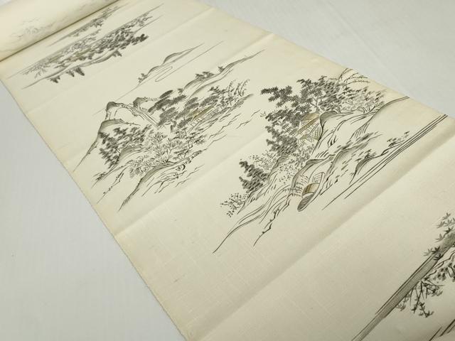 平和屋着物▼小紋 反物 着尺 紬地 手描き 遠山風景文 逸品 未使用 DABH2272zzz