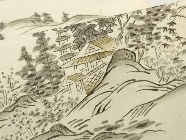 平和屋着物▼小紋 反物 着尺 紬地 手描き 遠山風景文 逸品 未使用 DABH2272zzz