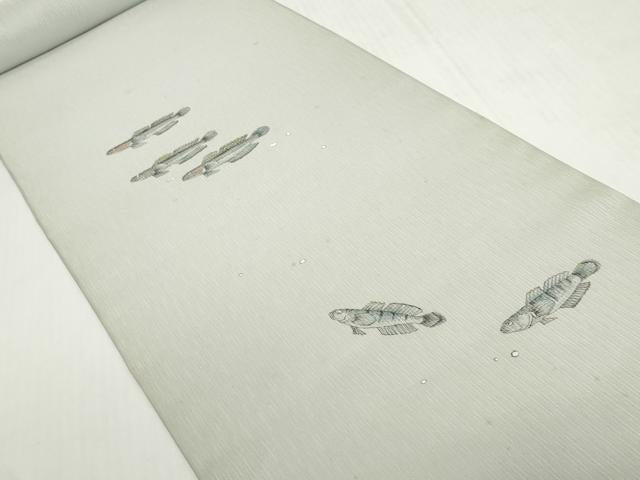 平和屋着物*夏物 付下げ 反物 着尺 縦絽 手描き 鯊 ハゼ 千草鼠色 上代41万 逸品 未使用 DABH2362zzz