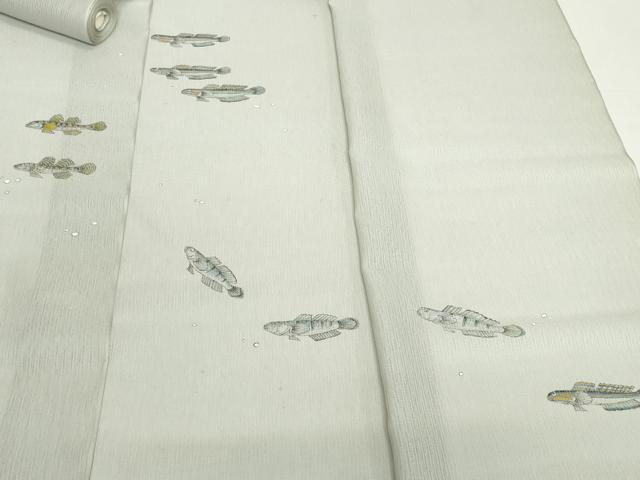 平和屋着物*夏物 付下げ 反物 着尺 縦絽 手描き 鯊 ハゼ 千草鼠色 上代41万 逸品 未使用 DABH2362zzz