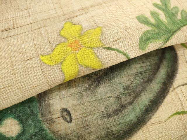 平和屋着物*夏物 名古屋帯 帯反物 手描き 西瓜と夏虫 スイカ 麻 逸品 未使用 DABH2419zzz