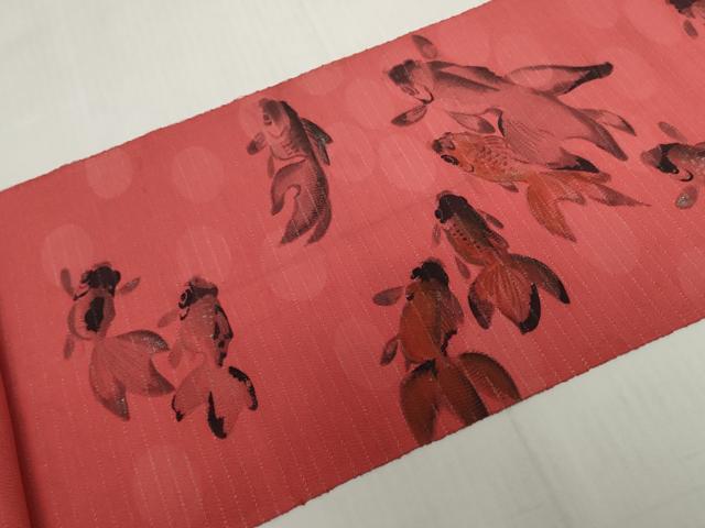 平和屋着物●アンティーク 大正ロマン 名古屋帯 帯反物 手描き 刺繍 金魚 DABH2611zzz