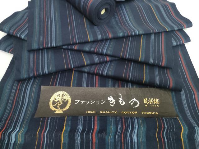 平和屋着物*夏物 浴衣 反物 着尺 民芸縞 綿 逸品 未使用 DABH2636zzz