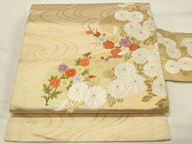 平和屋着物◎九寸名古屋帯 刺繍 流水花文 金銀糸 正絹 逸品 DABH2817qp