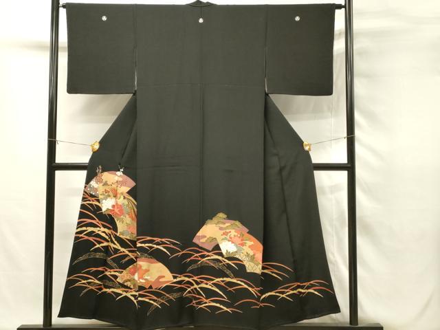 平和屋着物■豪華黒留袖 駒刺繍 地紙鳳凰花文 金彩 正絹 逸品 DABH2824qp
