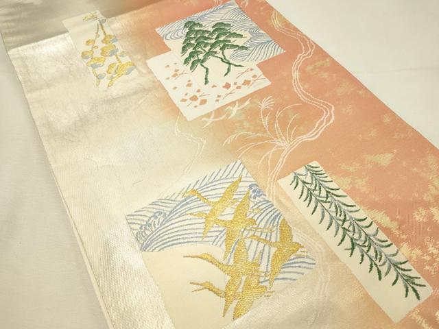 平和屋着物◎六通柄袋帯 短冊色紙飛鶴松文 金糸 引箔 正絹 逸品 DABH2892qp