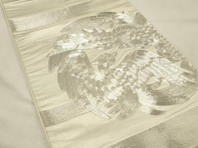 平和屋着物◎太鼓柄袋帯 総刺繍 駒刺繍 向かい鳥鳳凰文 銀糸 正絹 逸品 DABH2898qp