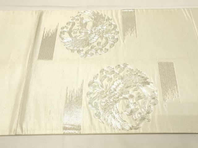 平和屋着物◎太鼓柄袋帯 総刺繍 駒刺繍 向かい鳥鳳凰文 銀糸 正絹 逸品 DABH2898qp