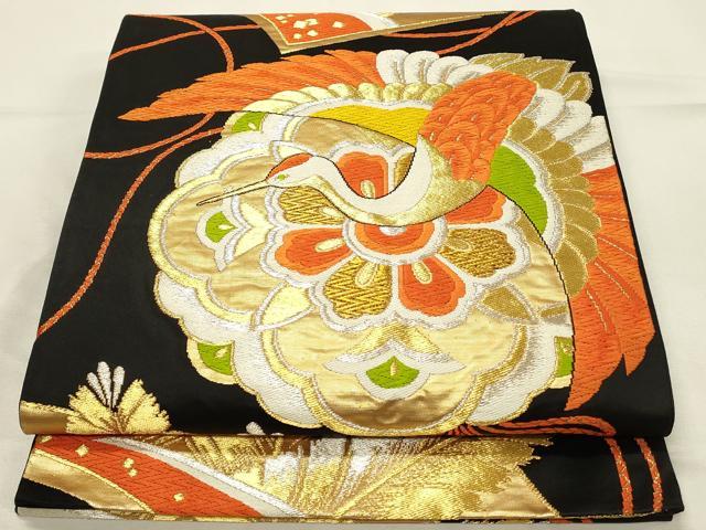 平和屋着物◎六通柄袋帯 唐織 飛鶴花文 黒地 金銀糸 正絹 逸品 DABH2909qp