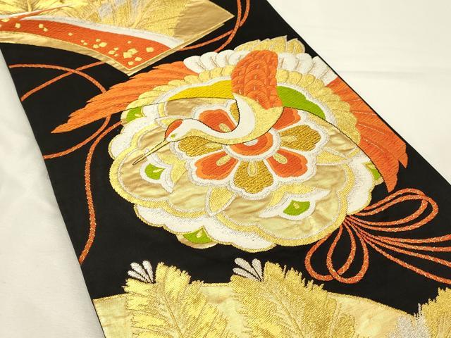 平和屋着物◎六通柄袋帯 唐織 飛鶴花文 黒地 金銀糸 正絹 逸品 DABH2909qp