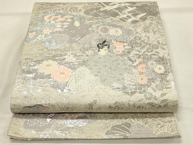 平和屋着物◎六通柄袋帯 唐織 雲取り平安人物花文 プラチナ箔 正絹 逸品 DABH2928qp