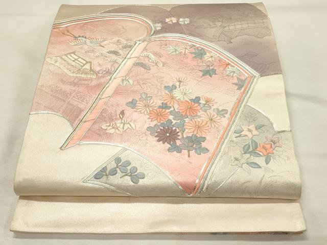 平和屋着物◎太鼓柄袋帯 駒刺繍 冊子飛鶴花文 金銀糸 正絹 逸品 DABH2929qp
