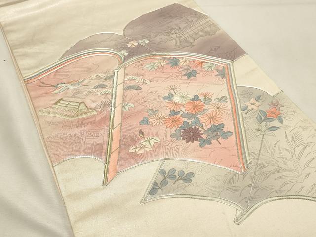 平和屋着物◎太鼓柄袋帯 駒刺繍 冊子飛鶴花文 金銀糸 正絹 逸品 DABH2929qp