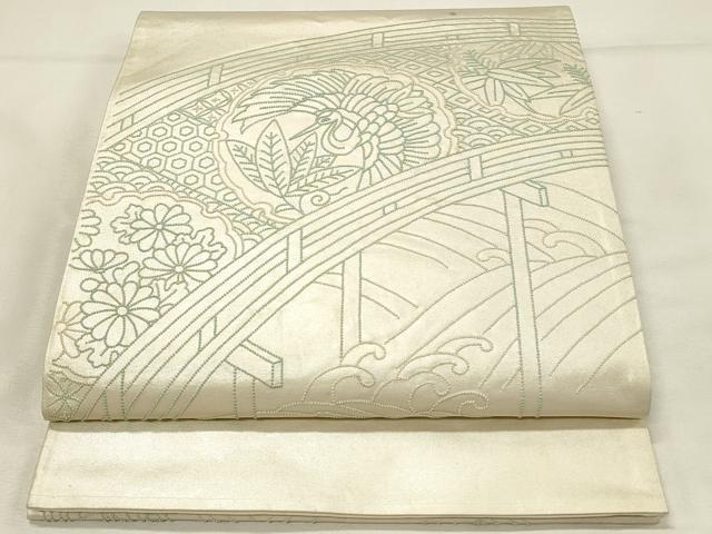 平和屋着物◎中国三大刺繍 相良刺繍 総刺繍 太鼓柄袋帯 渡橋雪輪飛鶴花文 正絹 逸品 DABH2930qp