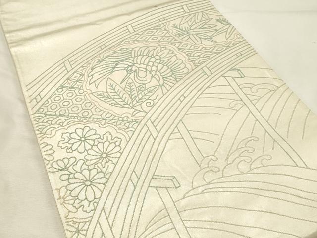 平和屋着物◎中国三大刺繍 相良刺繍 総刺繍 太鼓柄袋帯 渡橋雪輪飛鶴花文 正絹 逸品 DABH2930qp