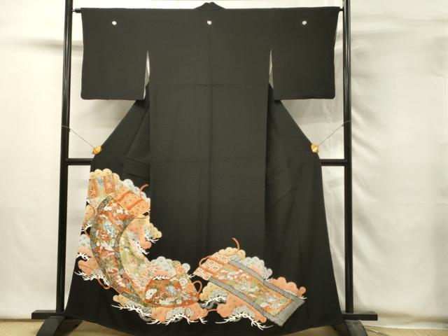 平和屋着物■豪華黒留袖 駒刺繍 絵巻花鳥文 金彩 正絹 逸品 DABH2935qp