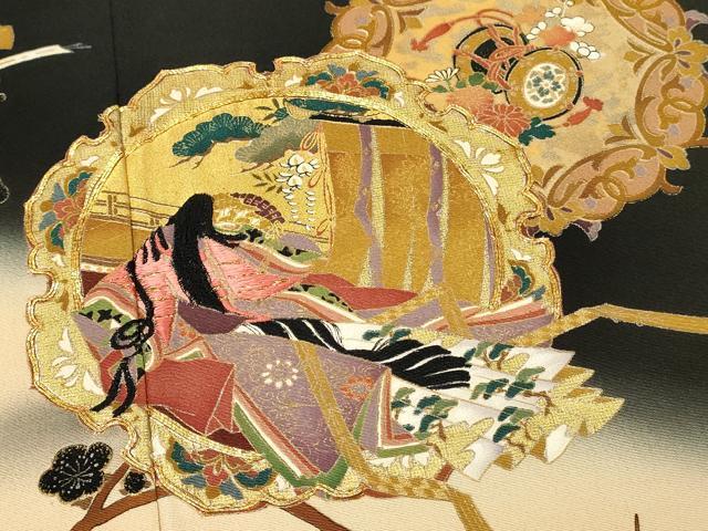 平和屋着物■豪華黒留袖 作家物 駒刺繍 人物花鳥文 鬘帯 暈し染め 金彩 正絹 逸品 DABH2936qp