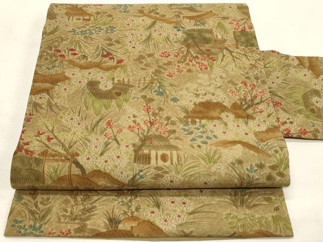平和屋着物◎全通柄九寸名古屋帯 手描き 風景草花文 正絹 逸品 DABH2978qp
