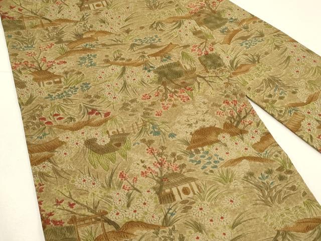 平和屋着物◎全通柄九寸名古屋帯 手描き 風景草花文 正絹 逸品 DABH2978qp