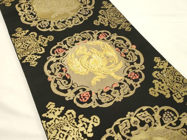 平和屋着物◎全通柄 本袋帯 花鳥文 黒地 金糸 正絹 逸品 DABH2983qp