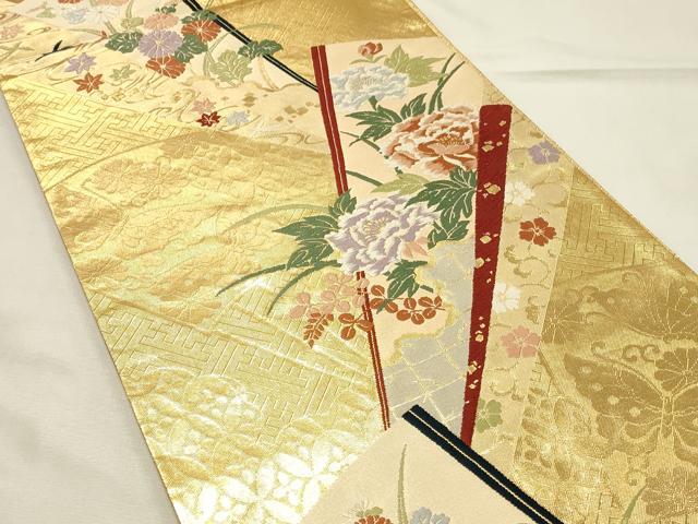 平和屋着物◎佐賀錦 六通柄袋帯 唐織 扇子 舞蝶花文 金糸 正絹 逸品 未使用 DABH2996qp