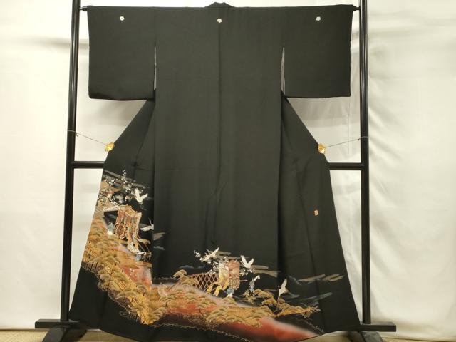 平和屋着物■豪華黒留袖 作家物 駒刺繍 御所車飛鶴人物花松文 暈し染め 金彩 正絹 逸品 DABH3070qp
