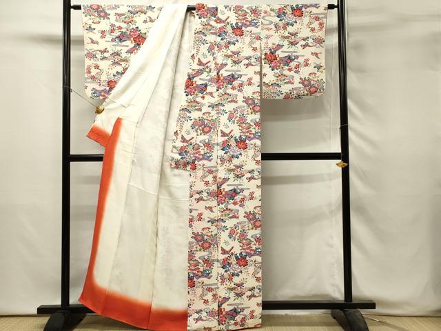 平和屋着物■上質な小紋 型染め 風景花鳥文 牡丹 鬼しぼ縮緬 正絹 逸品 DABH3074qp
