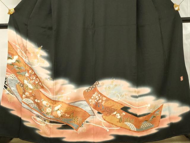 平和屋着物■豪華黒留袖 作家物 駒刺繍 絵巻飛鶴浜松文 暈し染め 金銀彩 正絹 逸品 DABH3164qp