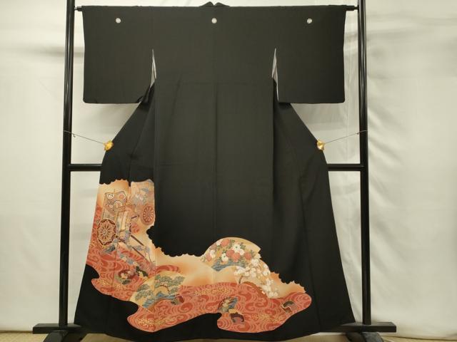 平和屋着物■豪華黒留袖 駒刺繍 御所車花文 枝松 暈し染め 金彩 正絹 逸品 DABH3166qp