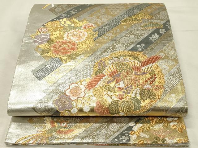 平和屋着物◎六通柄袋帯 唐織 斜短冊富貴丸文 金銀糸 正絹 逸品 DABH3189qp