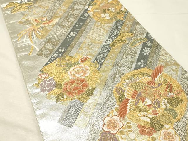 平和屋着物◎六通柄袋帯 唐織 斜短冊富貴丸文 金銀糸 正絹 逸品 DABH3189qp