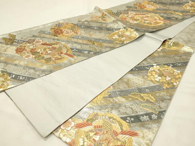 平和屋着物◎六通柄袋帯 唐織 斜短冊富貴丸文 金銀糸 正絹 逸品 DABH3189qp