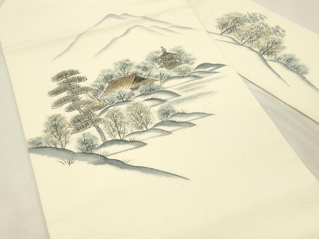 平和屋着物◎九寸名古屋帯 作家物 手描き 紬地 遠山風景文 金彩 正絹 逸品 DABH3222qp