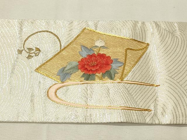 平和屋着物◎九寸名古屋帯 駒刺繍 色紙草花文 金銀糸 正絹 逸品 DABH3226qp