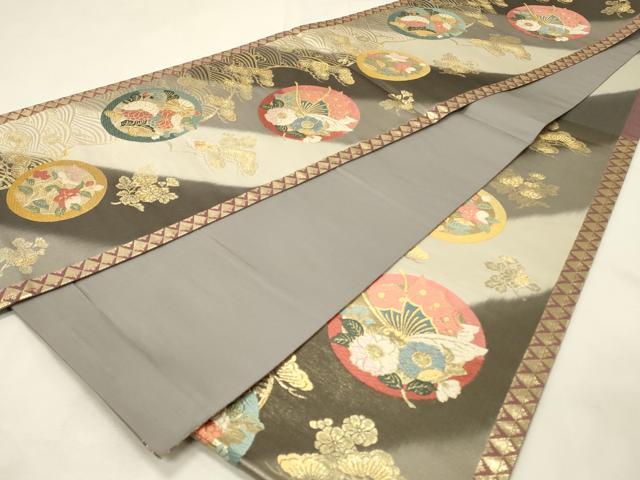 平和屋着物◎六通柄袋帯 唐織 花蝶丸文 金糸 正絹 逸品 DABH3338qp