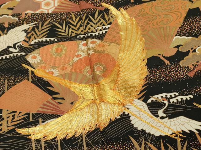 平和屋着物■豪華黒留袖 駒刺繍 飛鶴扇面花文 金彩 正絹 逸品 DABH3358qp